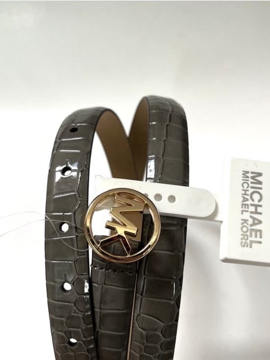 Michael Kors Slim Belt Gray Faux Croc Patent Leather MK Logo XL 43.5” NWT